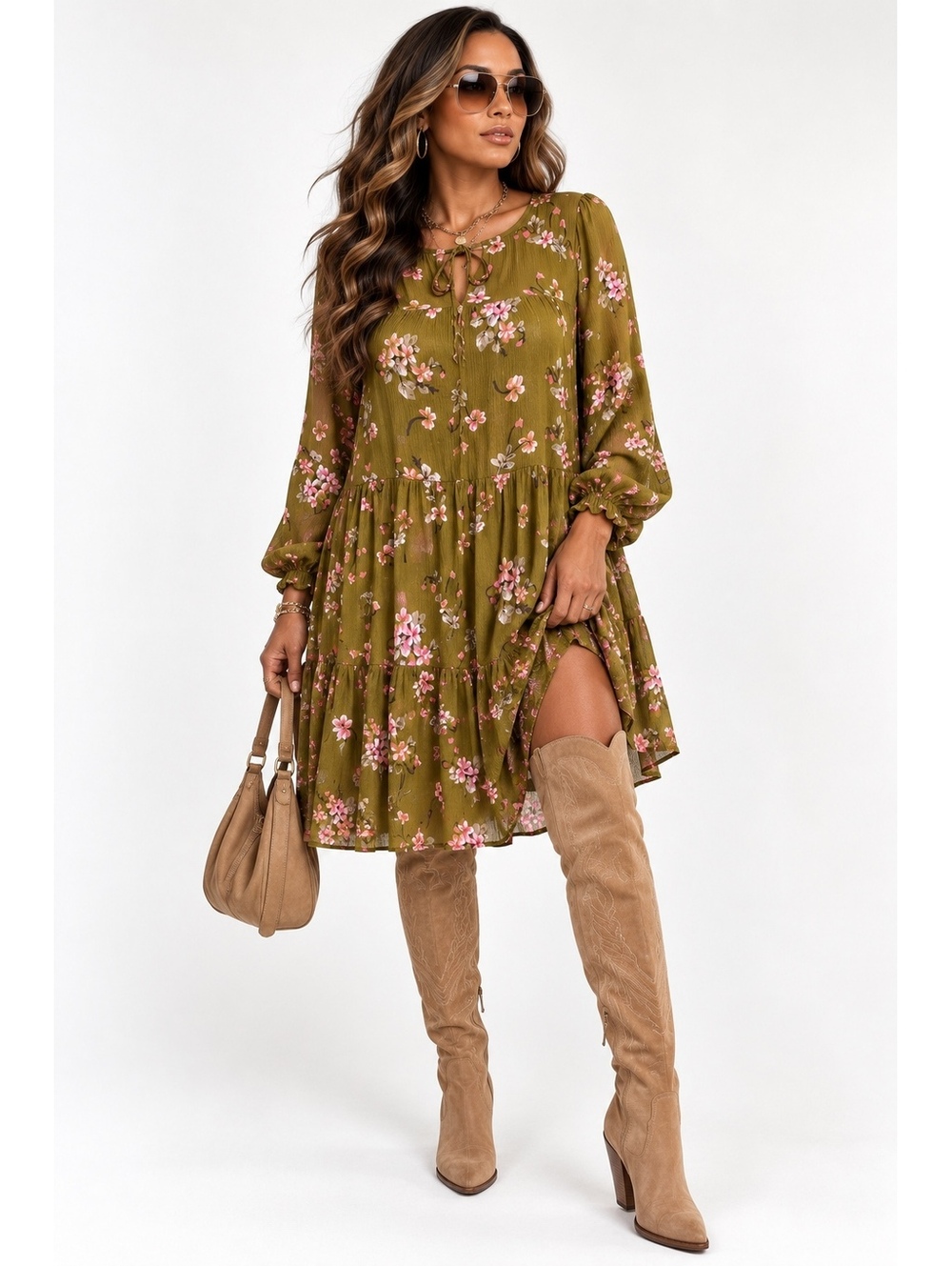 Easel Olive Green Floral Midi Boho Dress with Long Sleeves-Size Medium